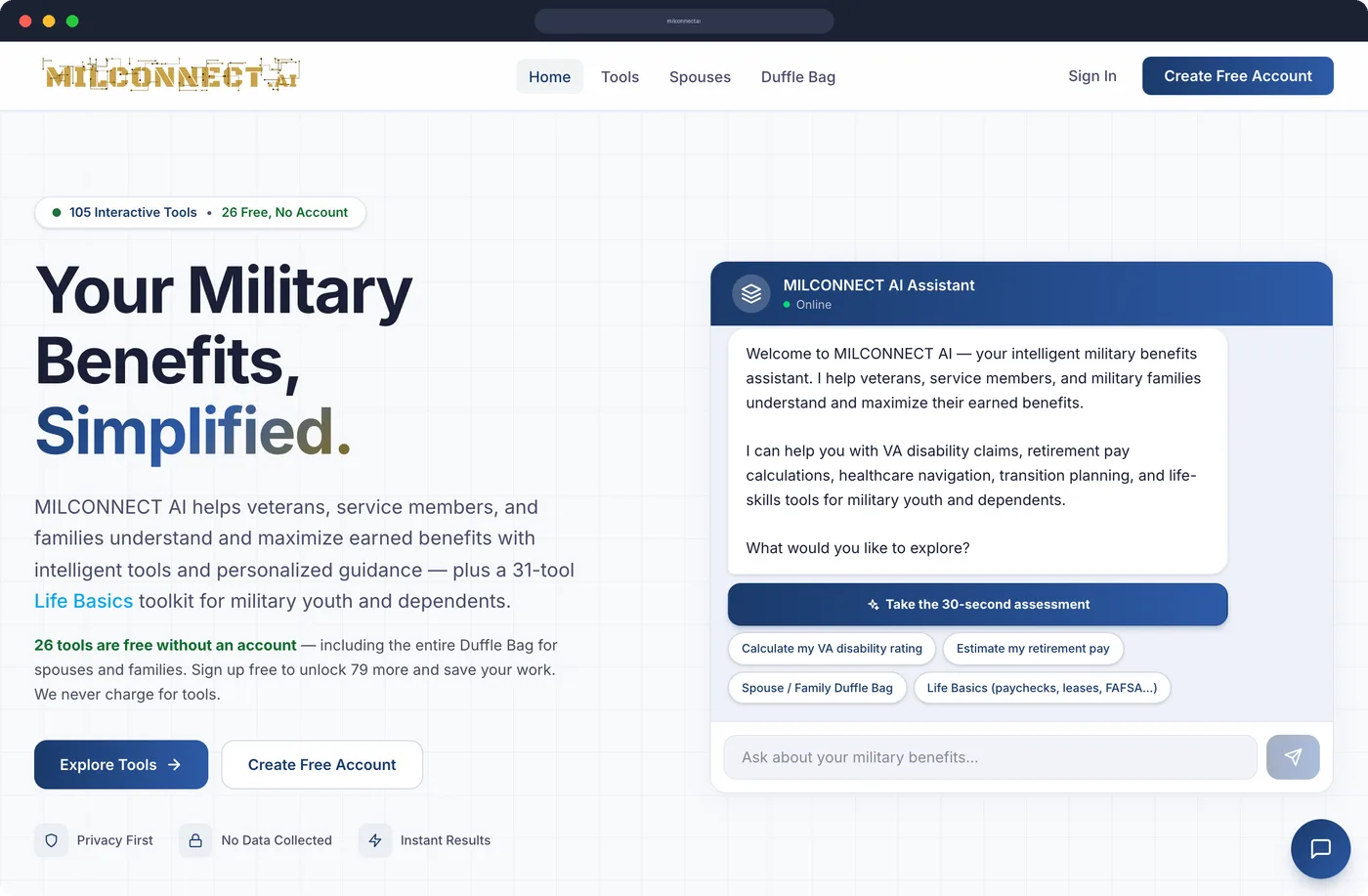 The MilConnect AI benefits platform built by Meridian Tech