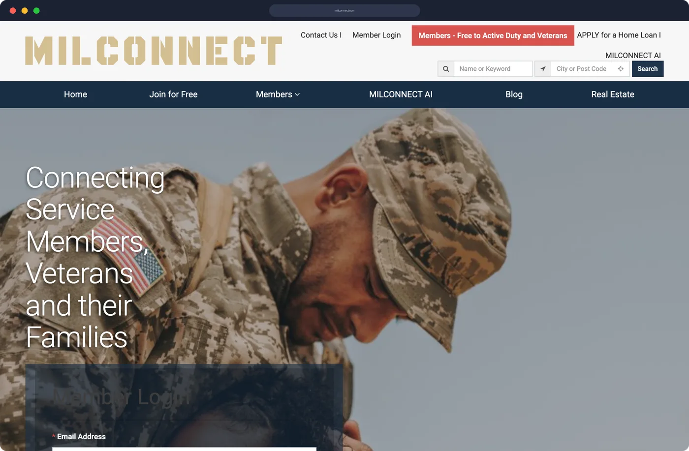 MilConnect.com — veteran services marketplace homepage