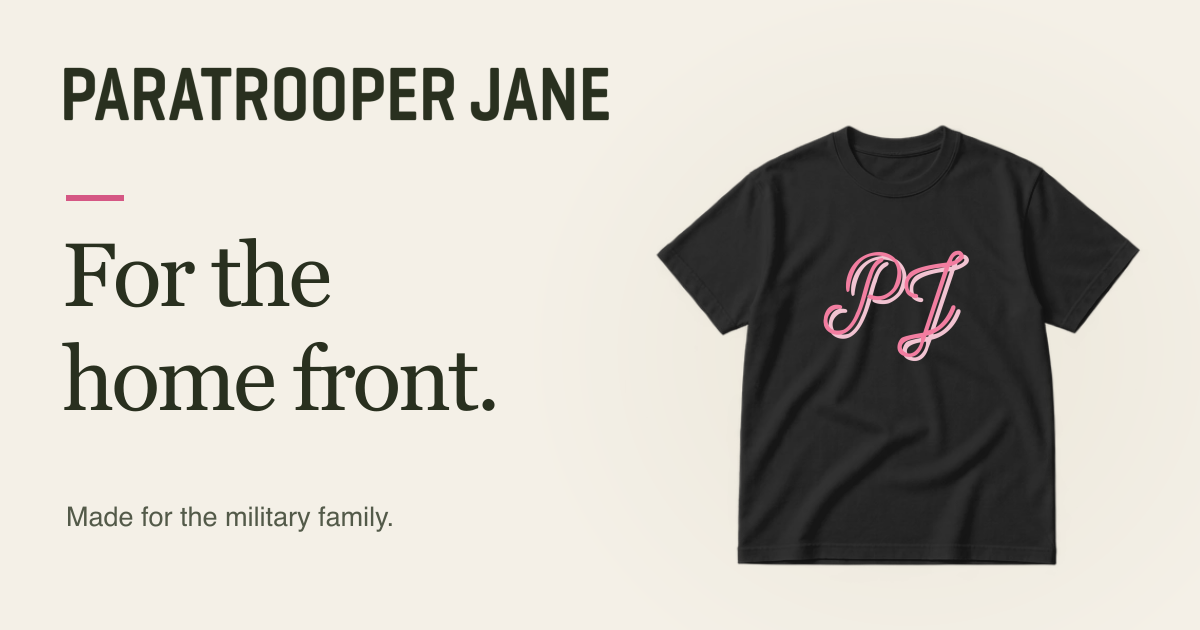 Paratrooper Jane — For the home front, featuring a black tee with the pink PJ monogram
